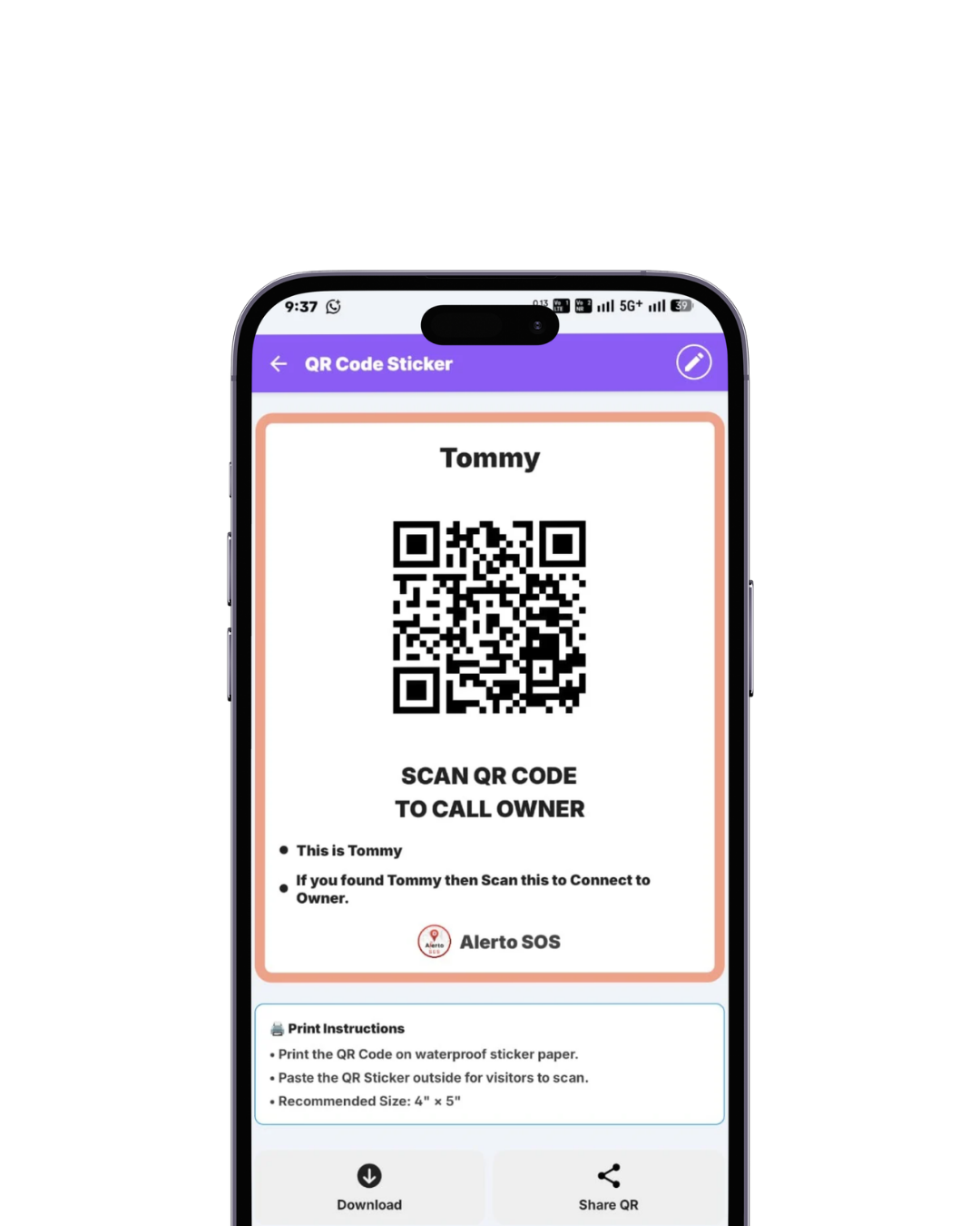 Safety QR code sticker for instant identification, emergency contact access, and quick safety response